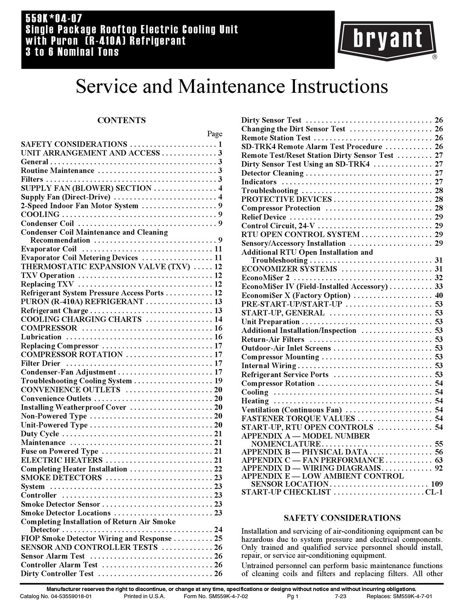 BRYANT 559K 04-07 SERIES SERVICE AND MAINTENANCE INSTRUCTIONS Pdf ...