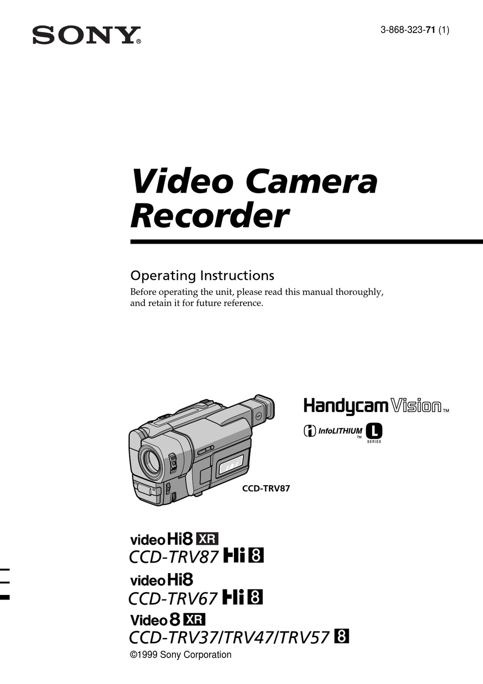 SONY VIDEO HI8 XR CCDTRV87 HI 8 OPERATING INSTRUCTIONS MANUAL Pdf