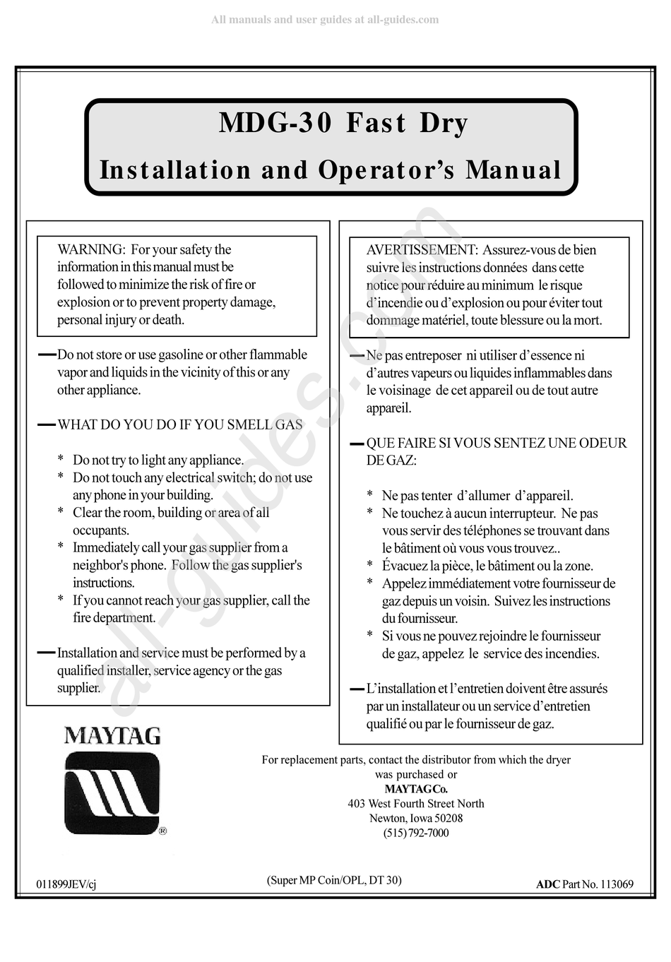MAYTAG MDG30 INSTALLATION AND OPERATOR'S MANUAL Pdf Download ManualsLib
