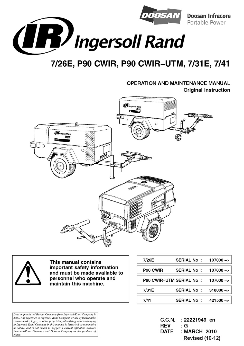 INGERSOLL-RAND 7/31E OPERATION AND MAINTENANCE MANUAL Pdf Download ...