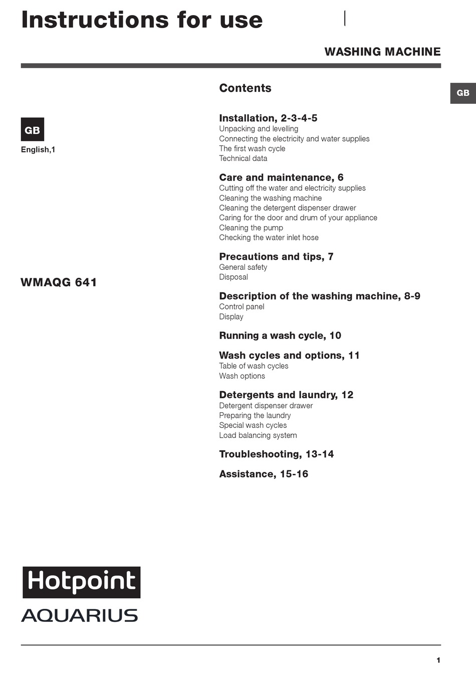 HOTPOINT AQUARIUS WMAQG 641 INSTRUCTIONS FOR USE MANUAL Pdf Download