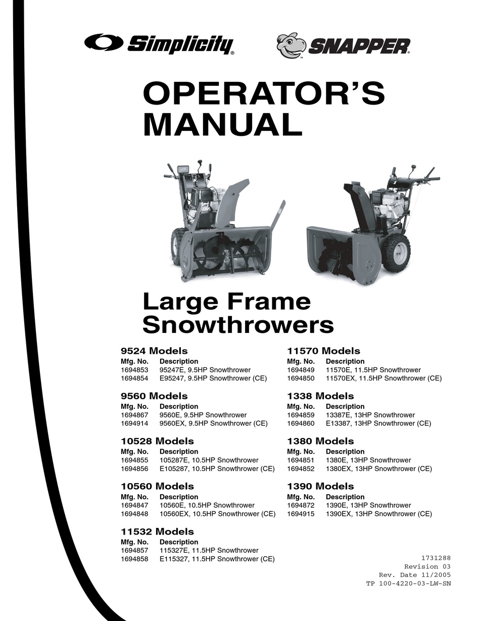 SIMPLICITY SNAPPER 9524 OPERATOR'S MANUAL Pdf Download | ManualsLib