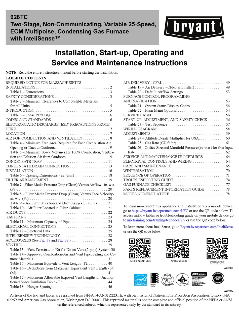 BRYANT 926TC INSTALLATION, STARTUP, OPERATING AND SERVICE AND