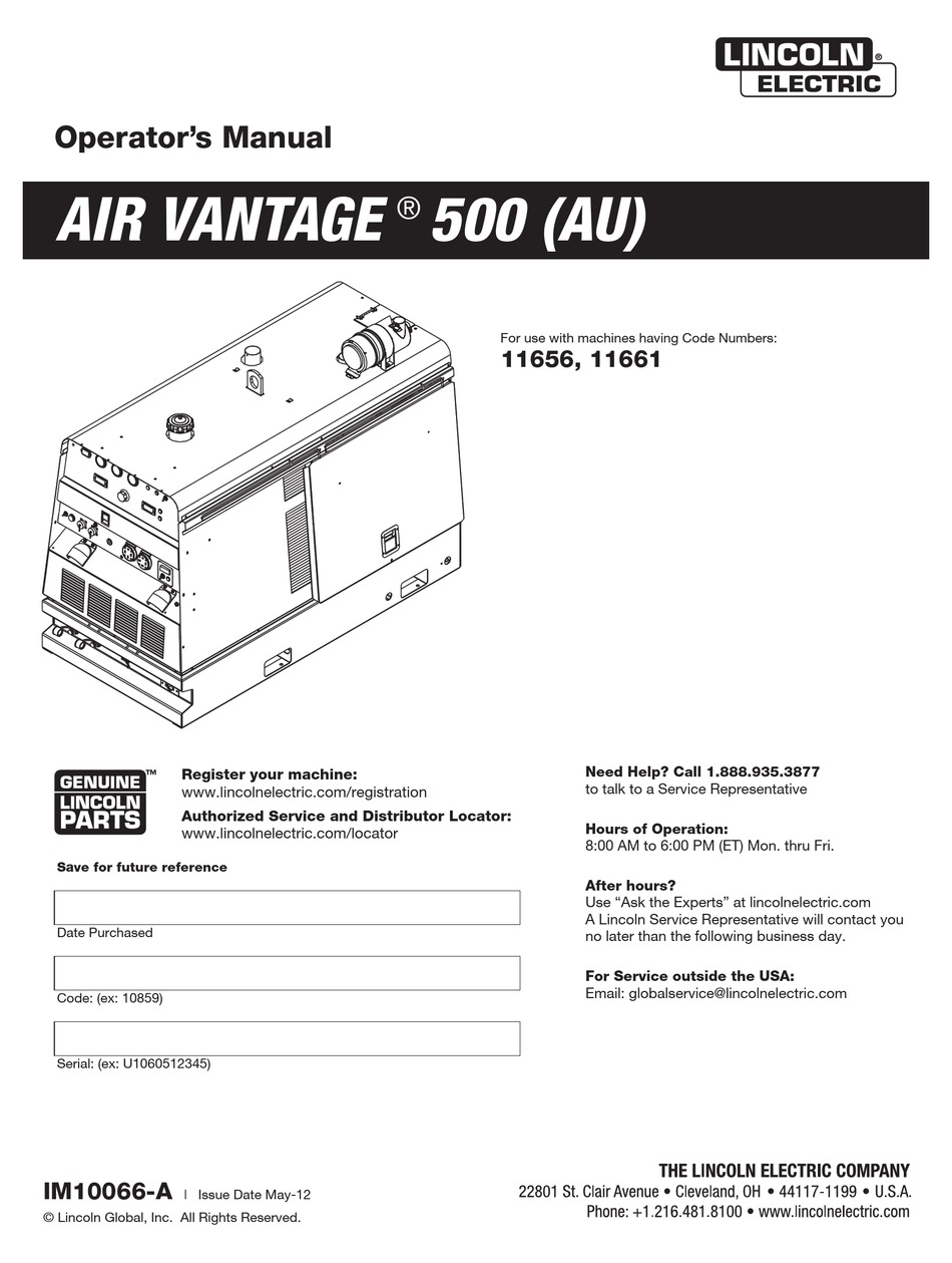 LINCOLN ELECTRIC AIR VANTAGE 500 (AU) OPERATOR'S MANUAL Pdf Download ...