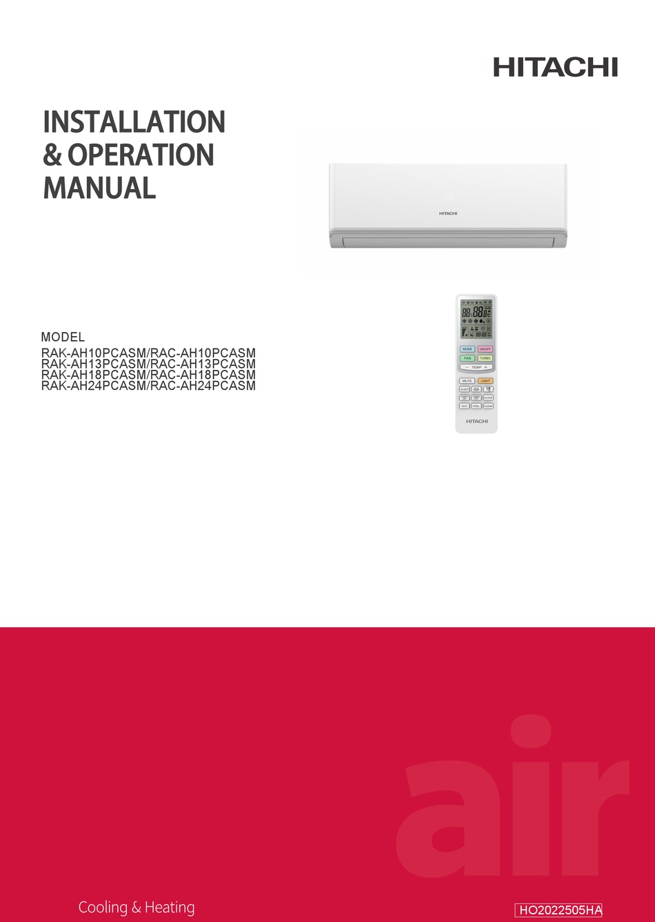 HITACHI RAC-AH10PCASM INSTALLATION & OPERATION MANUAL Pdf Download ...