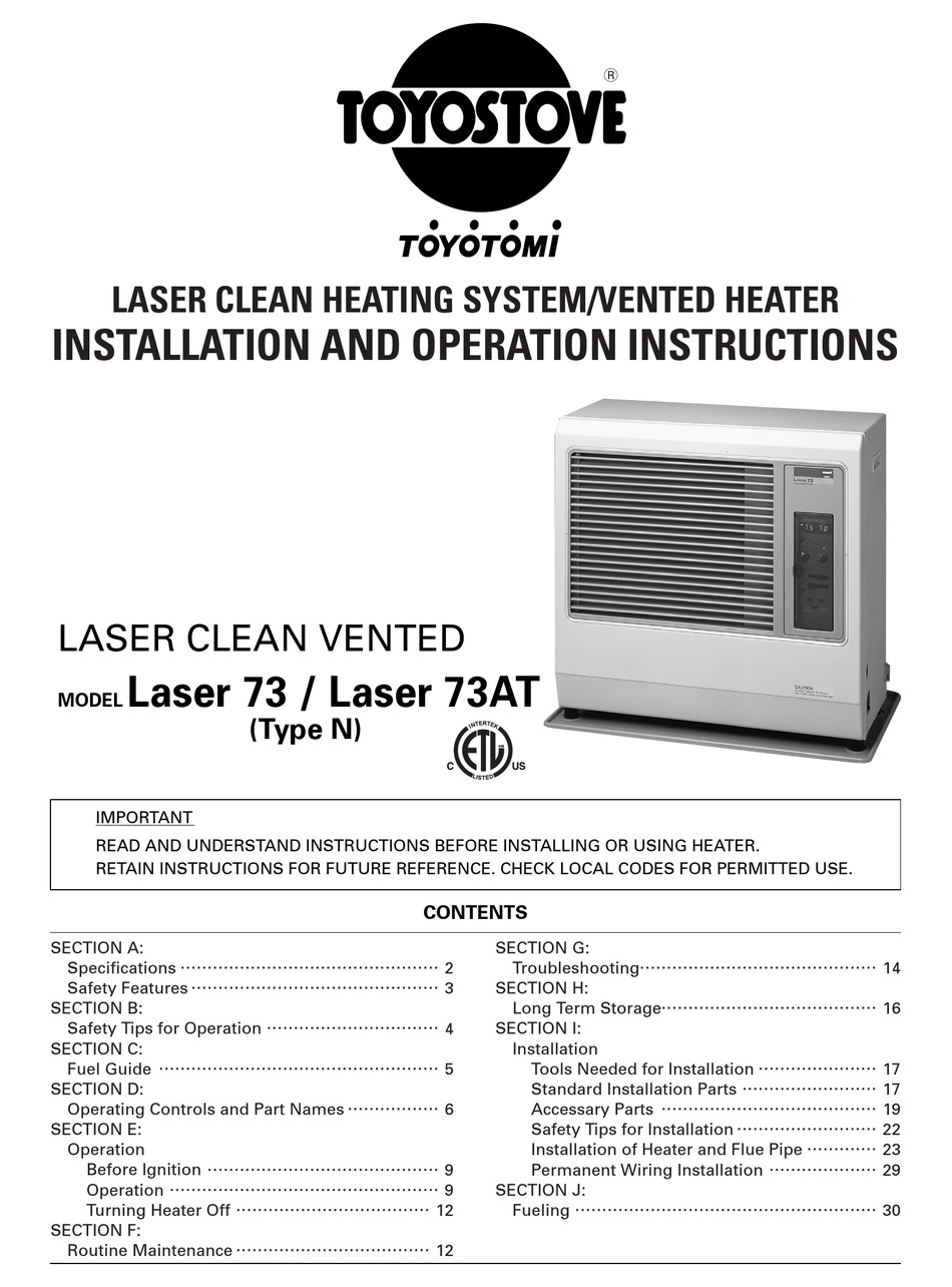TOYOSTOVE LASER 73AT ASSEMBLY, INSTALLATION AND OPERATION INSTRUCTIONS