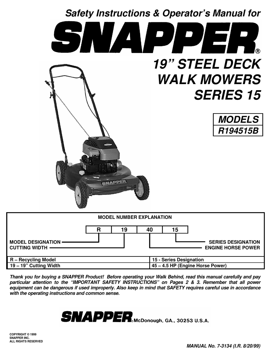 Snapper Series Operator S Manual Pdf Download Manualslib