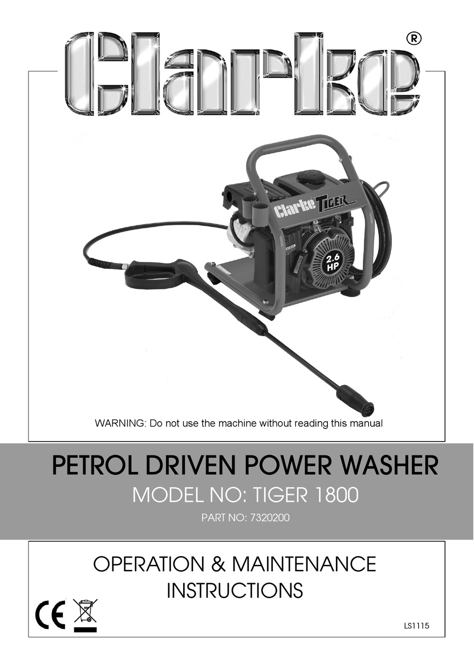 CLARKE TIGER 1800 OPERATION & MAINTENANCE INSTRUCTIONS MANUAL Pdf
