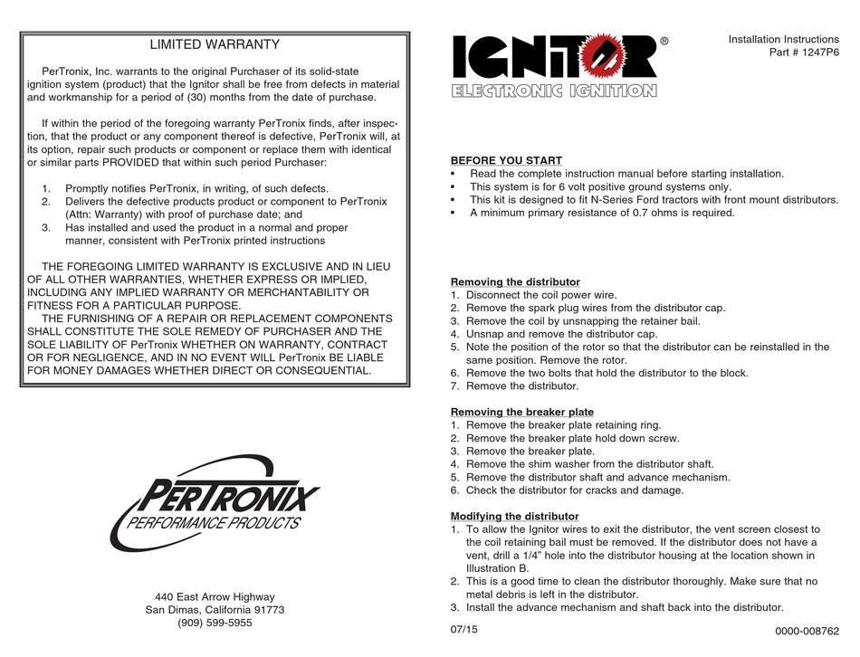 PERTRONIX IGNITOR 1247P6 INSTALLATION INSTRUCTIONS Pdf Download