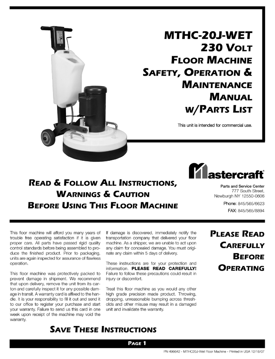 MASTERCRAFT MTHC20JDLX SAFETY, OPERATION & MAINTENANCE MANUAL/PARTS