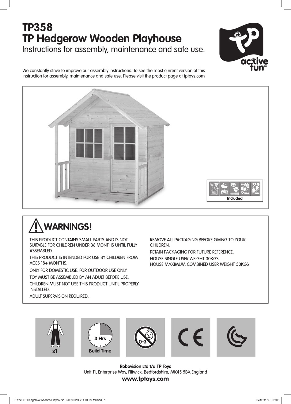 TP ACTIVE FUN TP HEDGEROW WOODEN PLAYHOUSE INSTRUCTIONS FOR ASSEMBLY ...