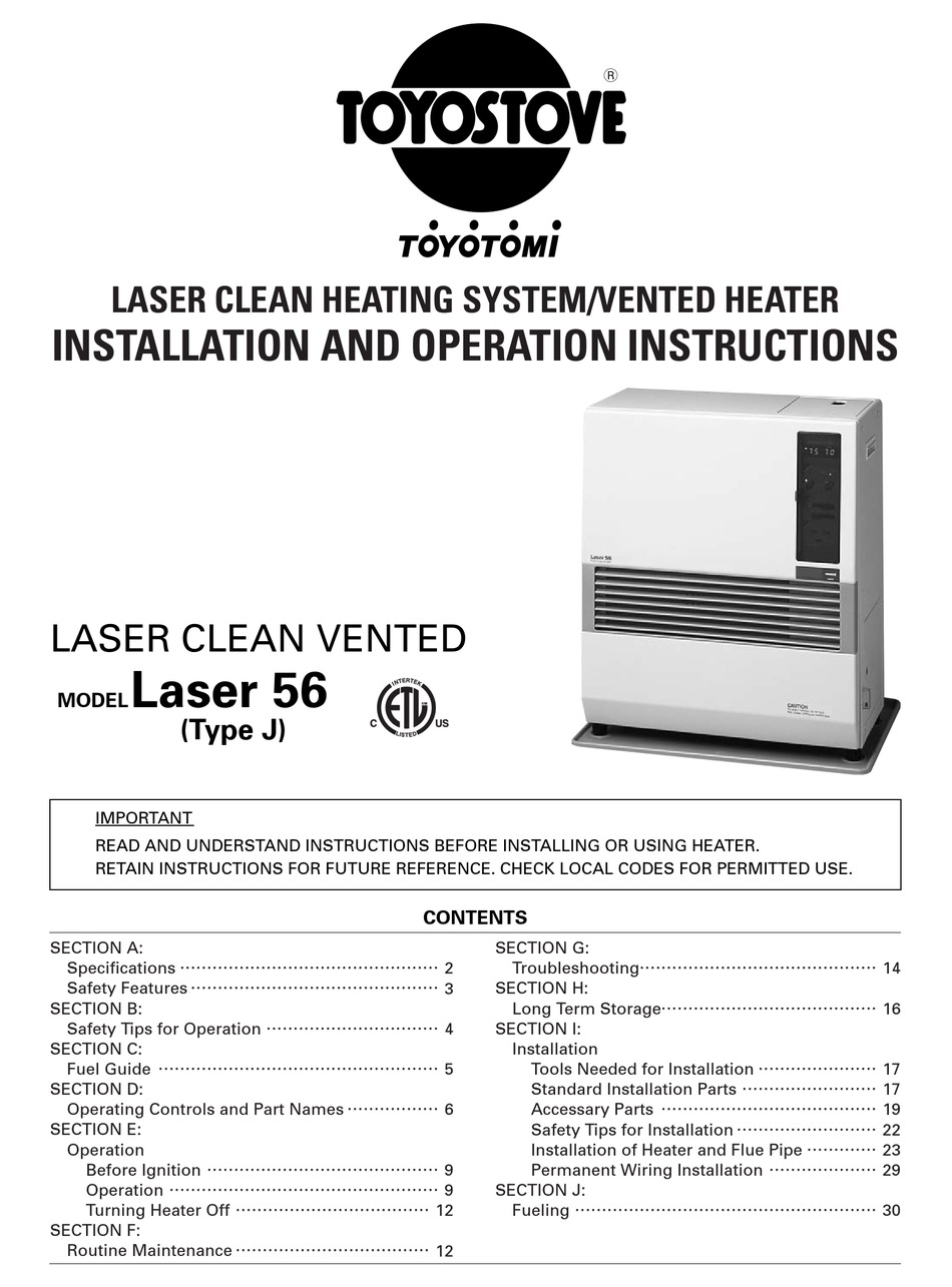 TOYOTOMI TOYOSTOVE LASER 56 INSTALLATION AND OPERATION INSTRUCTION