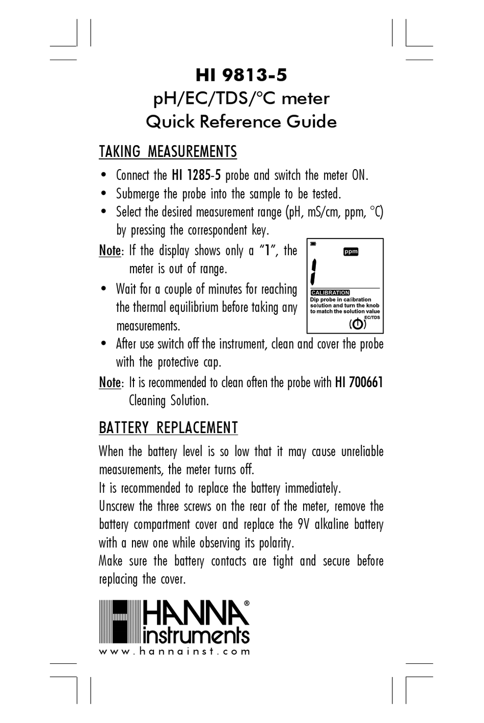 HANNA INSTRUMENTS HI 12855 QUICK REFERENCE MANUAL Pdf Download
