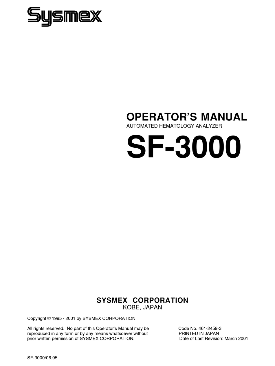 SYSMEX SF3000 OPERATOR'S MANUAL Pdf Download ManualsLib