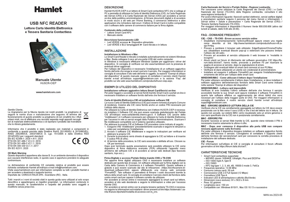 Lettore smart card e carta d'identità elettronica CIE 3.0 contactless USB  Hamlet HUSCR-NFC su