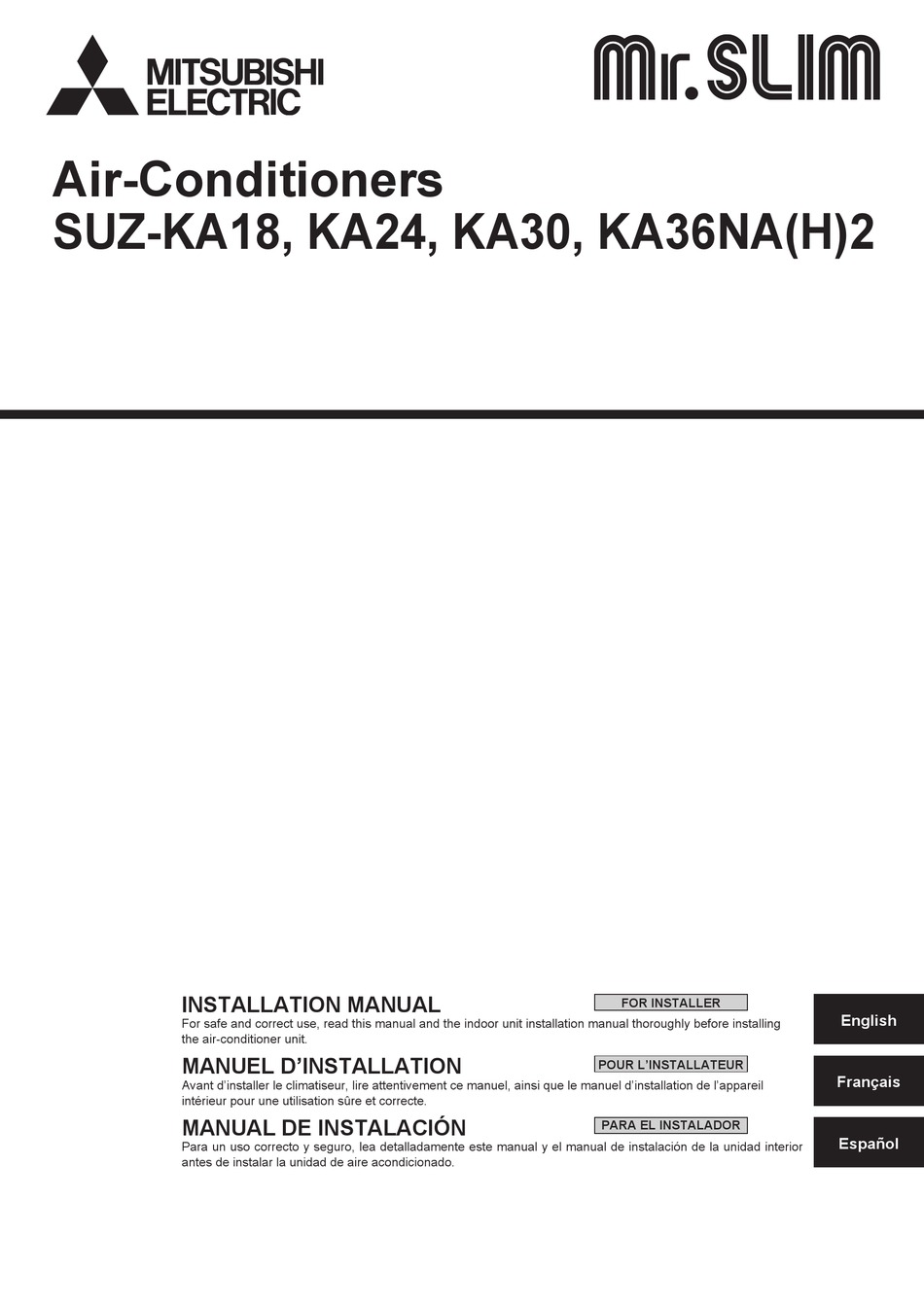 MITSUBISHI ELECTRIC MR. SLIM SUZKA36NAH2 INSTALLATION MANUAL Pdf