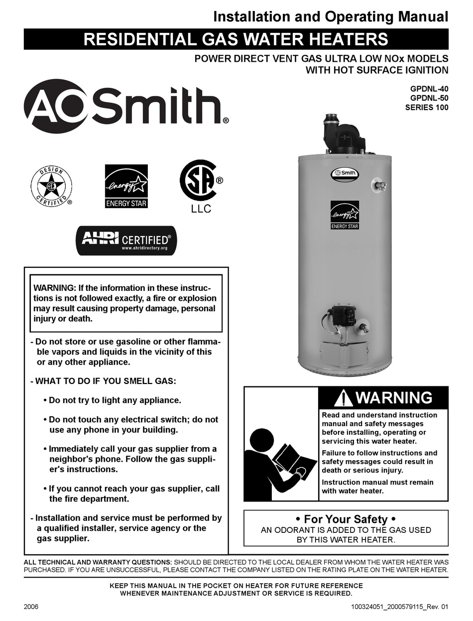 A O SMITH PROLINE XE GPDNL 40 SERIES INSTALLATION AND OPERATING MANUAL