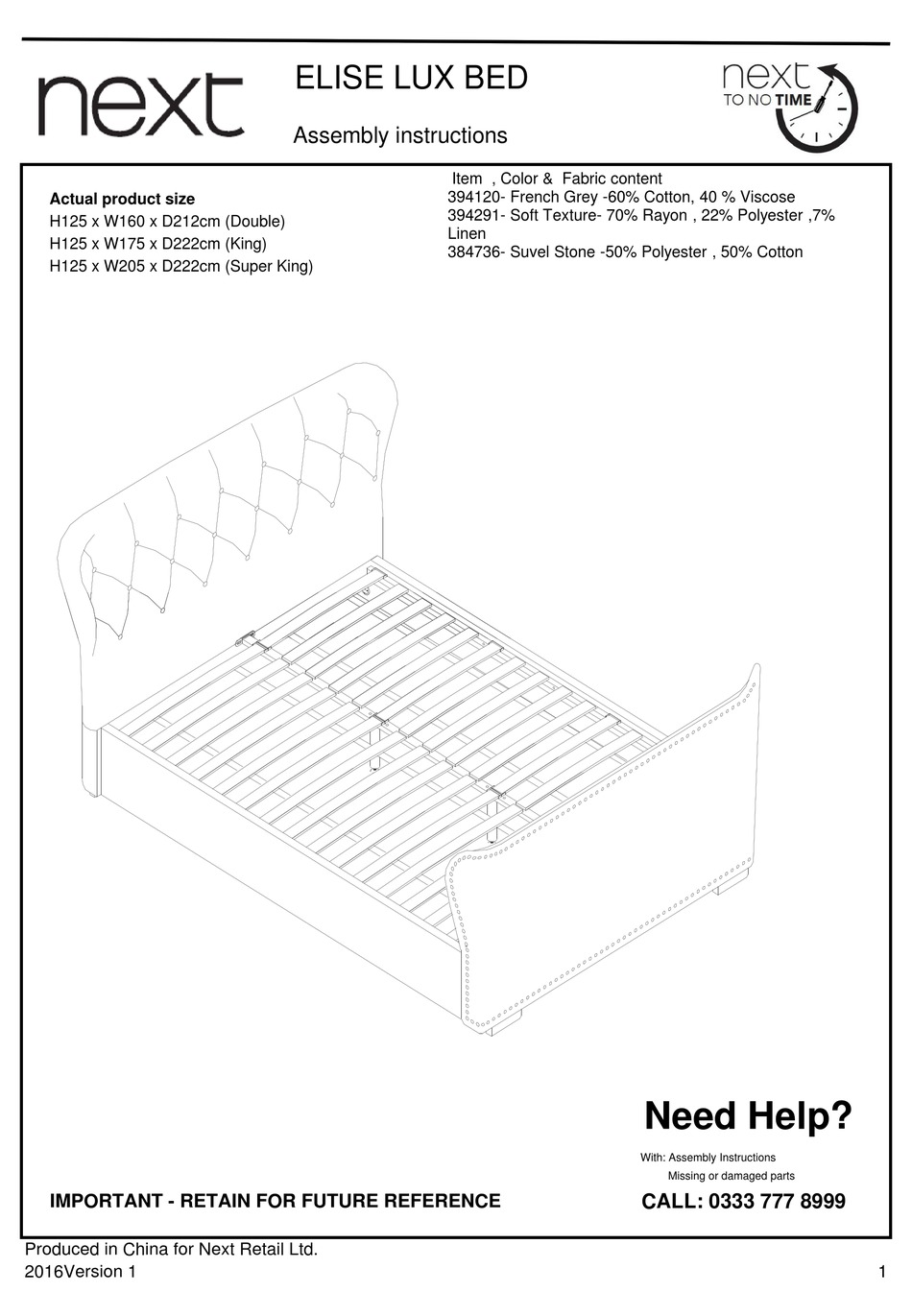 NEXT ELISE LUX BED 394120 ASSEMBLY INSTRUCTIONS MANUAL Pdf Download