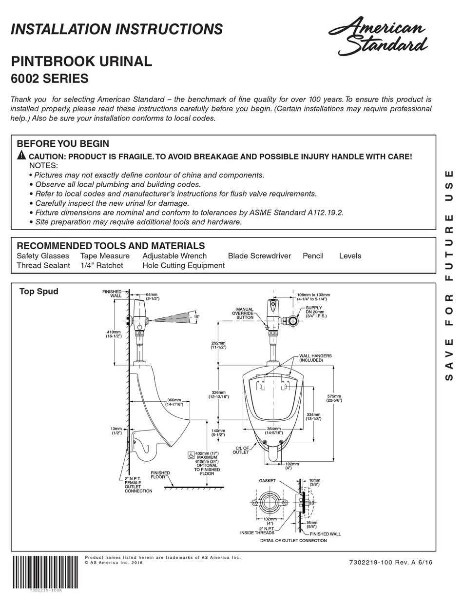AMERICAN STANDARD 6002 SERIES INSTALLATION INSTRUCTIONS MANUAL Pdf