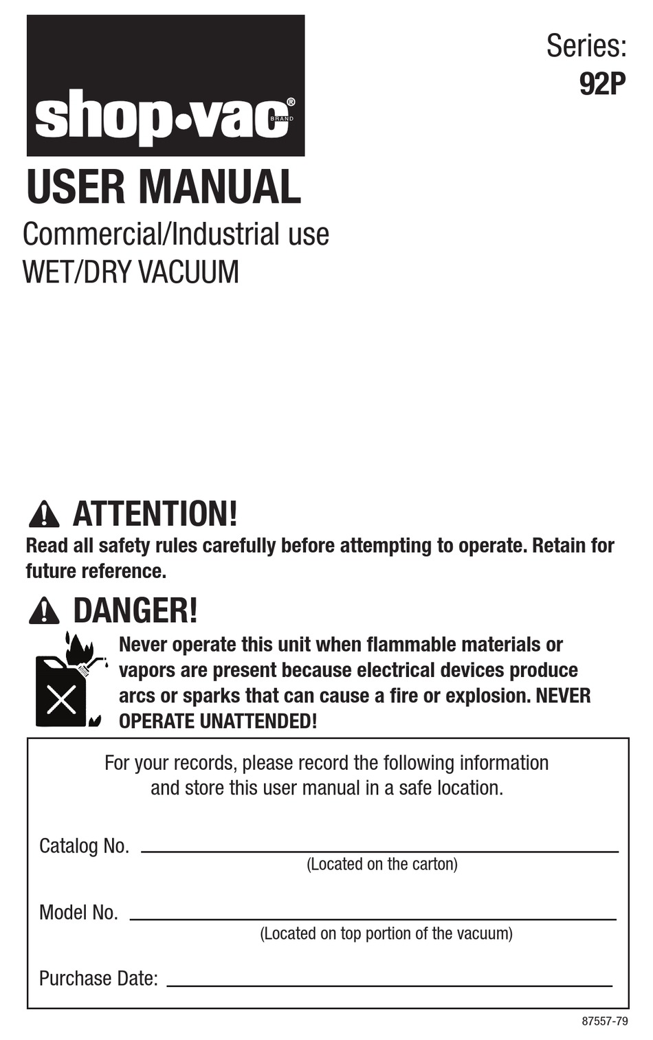 SHOPVAC 92P SERIES USER MANUAL Pdf Download ManualsLib