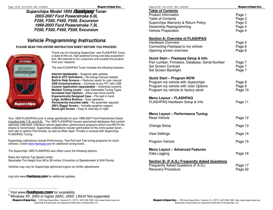 SUPERCHIPS FLASHPAQ 1805 PROGRAMMING INSTRUCTIONS MANUAL Pdf Download
