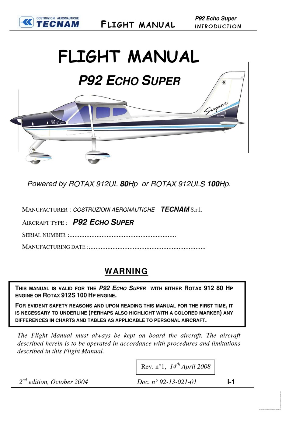 TECNAM ROTAX 912UL 80HP FLIGHT MANUAL Pdf Download | ManualsLib