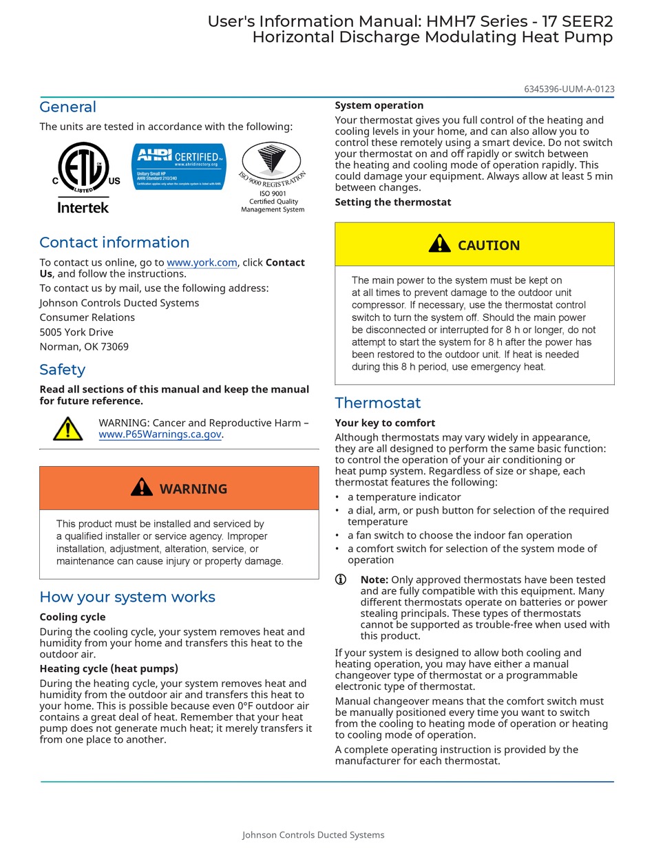 JOHNSON CONTROLS HMH7 SERIES USER'S INFORMATION MANUAL Pdf Download ...