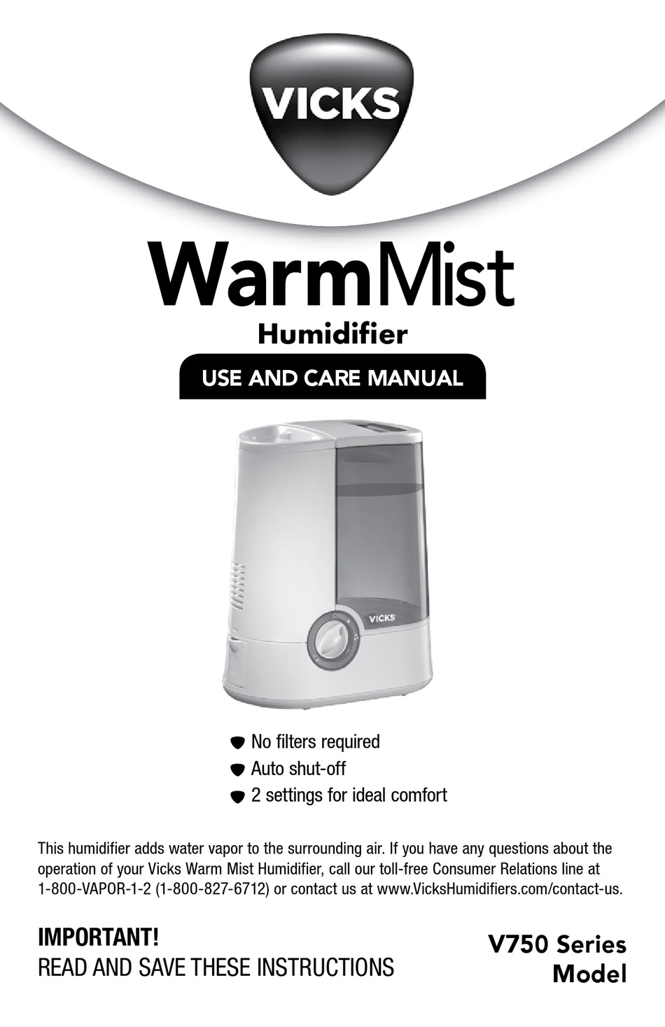 VICKS WARMMIST V750 SERIES USE AND CARE MANUAL Pdf Download ManualsLib