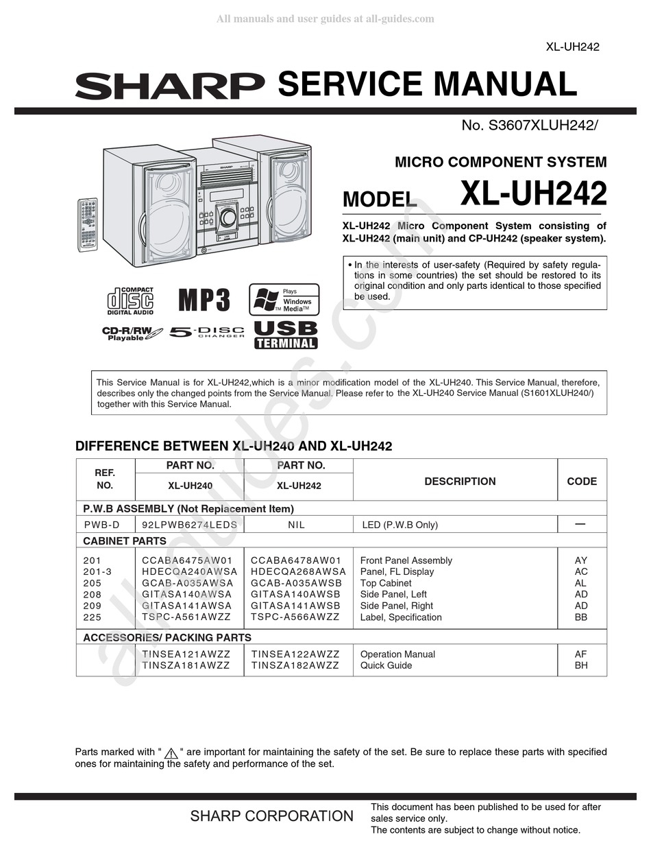 SHARP XLUH242 SERVICE MANUAL Pdf Download ManualsLib