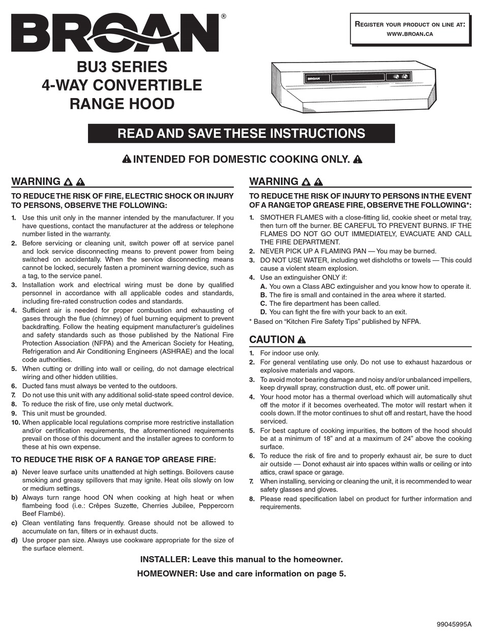 BROAN BU3 SERIES INSTRUCTIONS MANUAL Pdf Download | ManualsLib