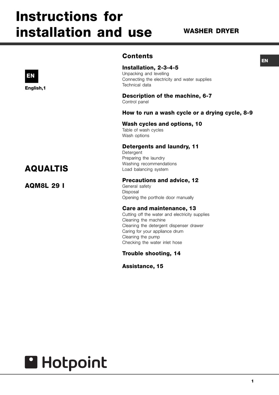 HOTPOINT AQUALTIS AQM8L 29 I INSTRUCTIONS FOR INSTALLATION AND USE ...