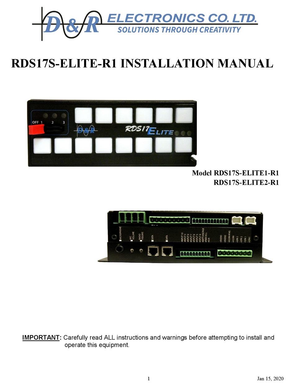 D&R ELECTRONICS RDS17SELITE1R1 INSTALLATION MANUAL Pdf Download