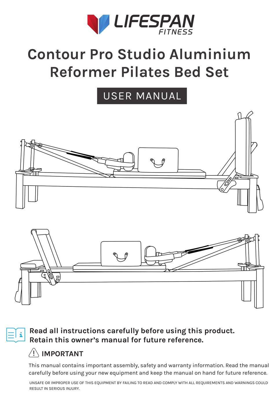 LIFESPAN CONTOUR PRO STUDIO ALUMINIUM REFORMER PILATES BED SET USER