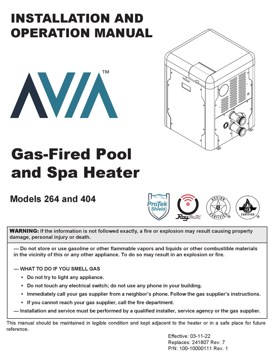 RAYPAK AVIA 264A INSTALLATION AND OPERATION MANUAL Pdf Download