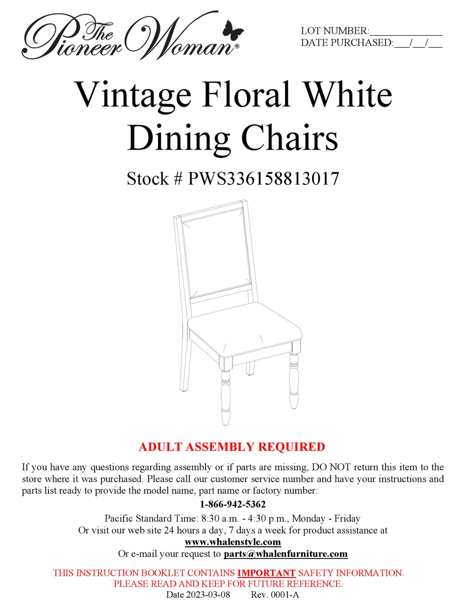 WHALEN THE PIONEER WOMAN PWS336158813017 ASSEMBLY INSTRUCTIONS MANUAL