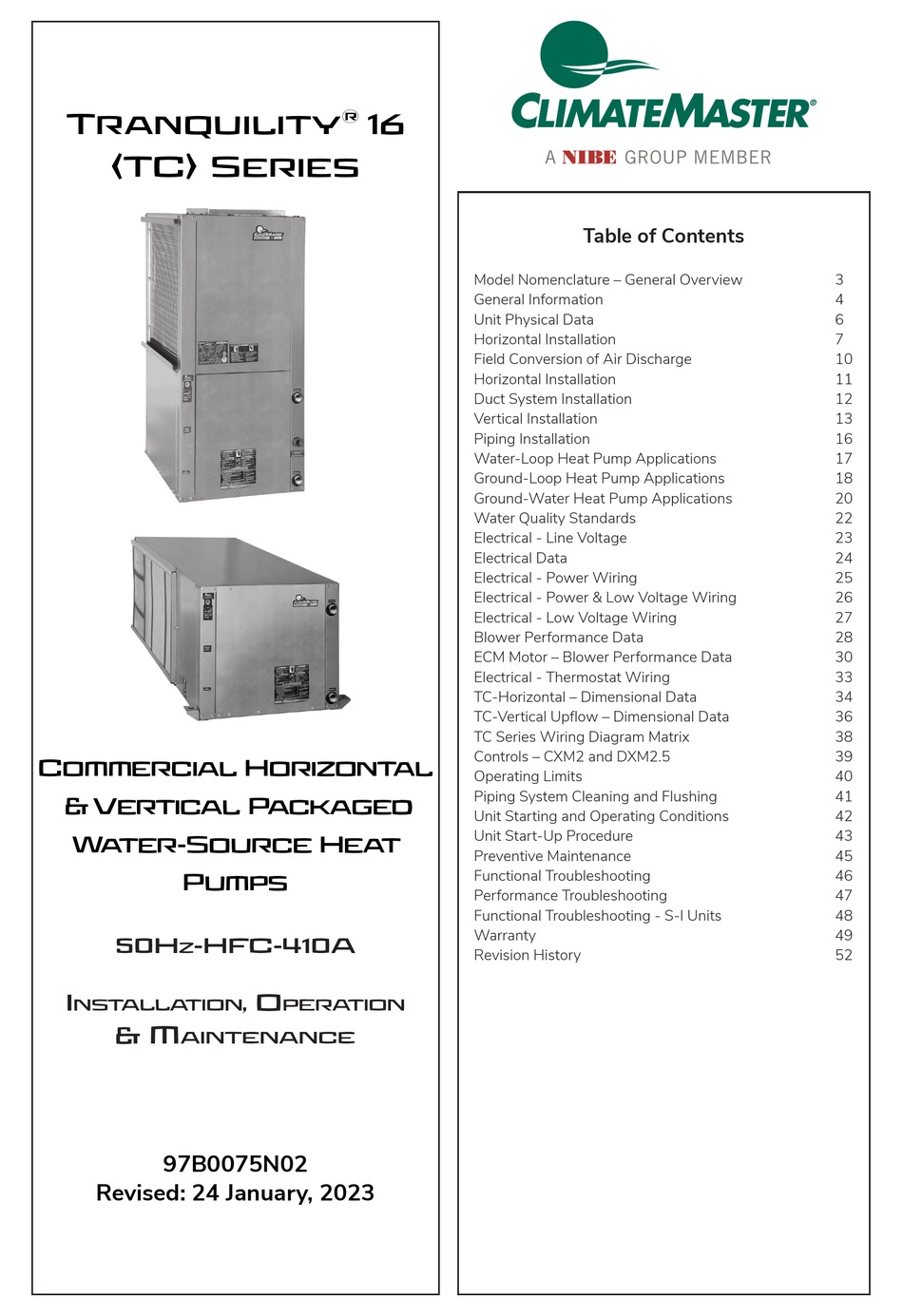 NIBE CLIMATEMASTER TRANQUILITY 16 SERIES INSTALLATION OPERATION