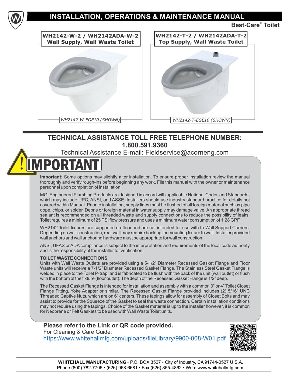 Whitehall Manufacturing Best-care Wh2142-w-2 Installation, Operation 