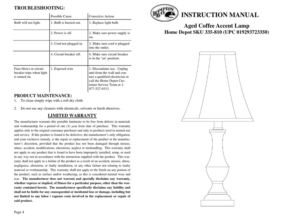 HAMPTON BAY 335810 INSTRUCTION MANUAL Pdf Download ManualsLib