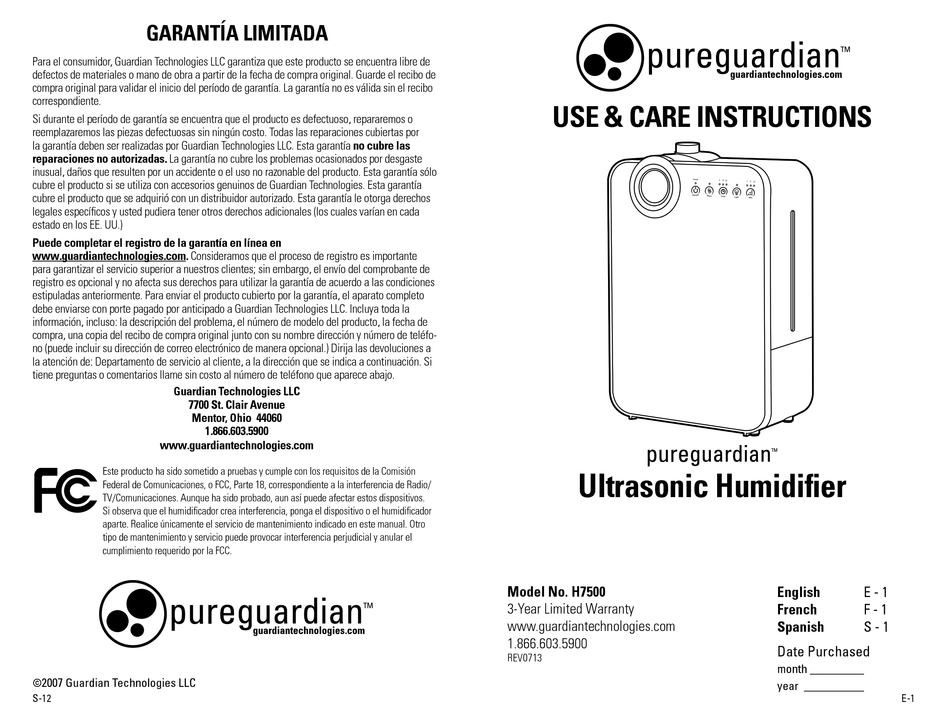 PUREGUARDIAN H7500 USE & CARE INSTRUCTIONS MANUAL Pdf Download ManualsLib