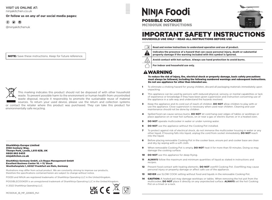 NINJA FOODI MC1001UK INSTRUCTIONS Pdf Download | ManualsLib