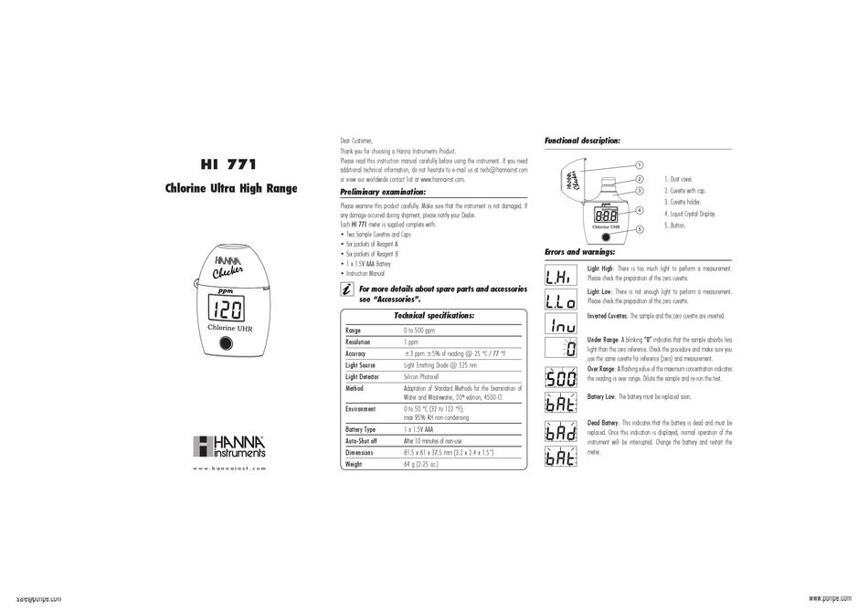 HANNA INSTRUMENTS HI 771 INSTRUCTIONS Pdf Download ManualsLib