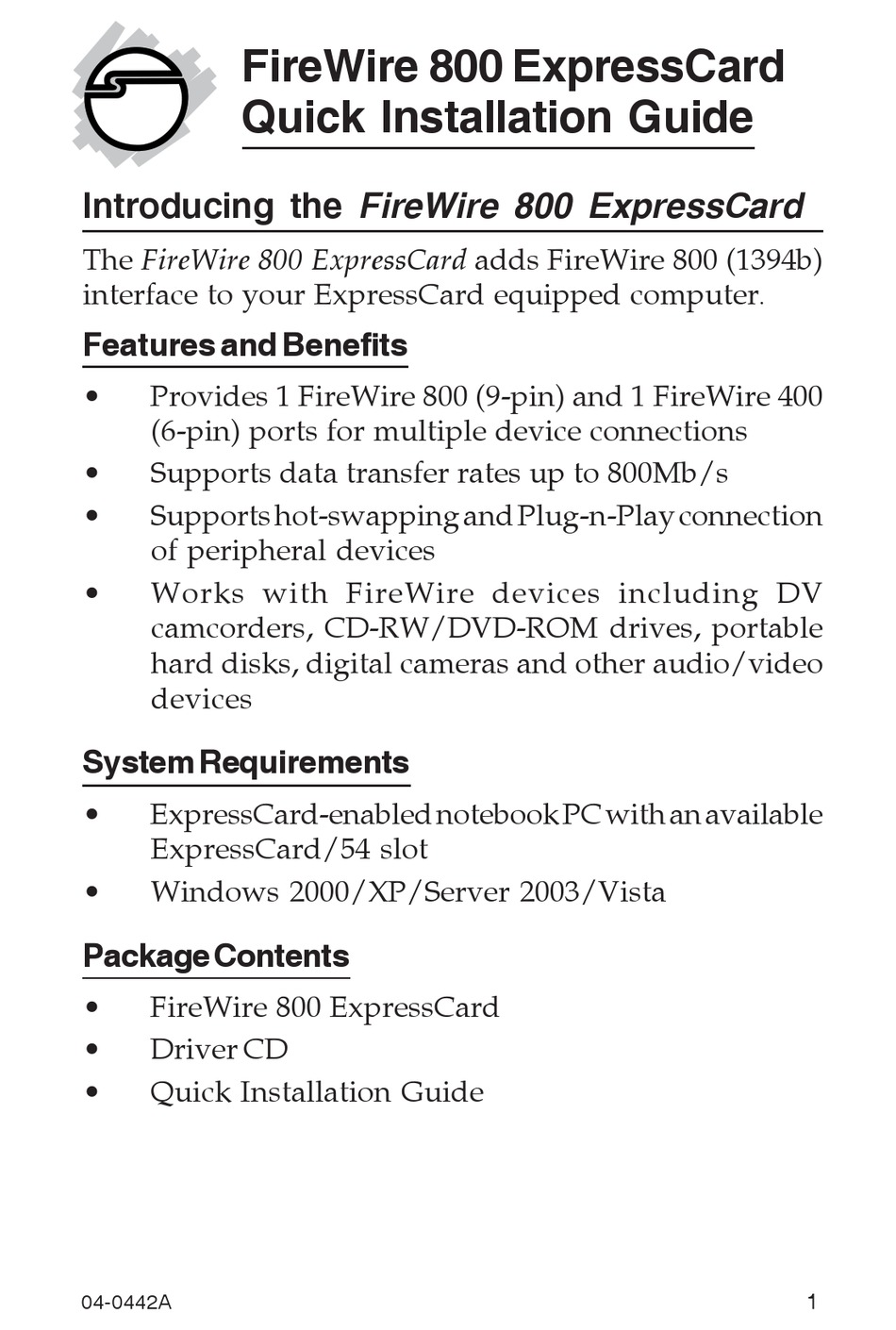 SIIG FIREWIRE 800 EXPRESSCARD QUICK INSTALLATION MANUAL Pdf Download