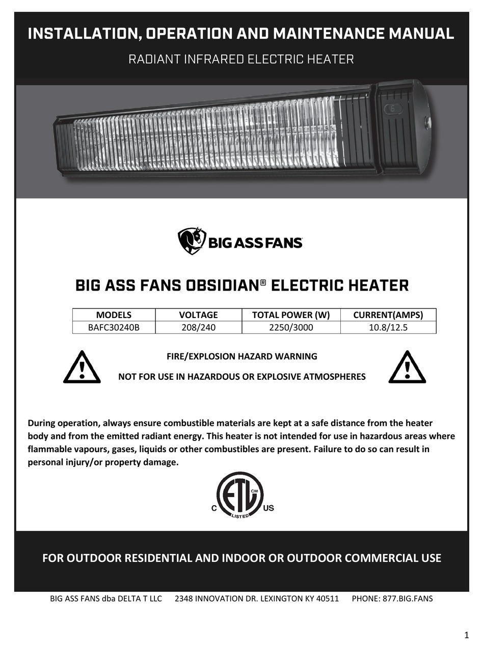BIG ASS FANS OBSIDIAN BAFC30240B INSTALLATION, OPERATION AND