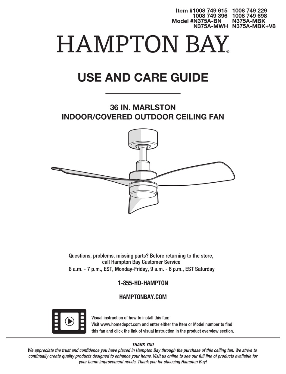 HAMPTON BAY N375ABN USE AND CARE MANUAL Pdf Download ManualsLib