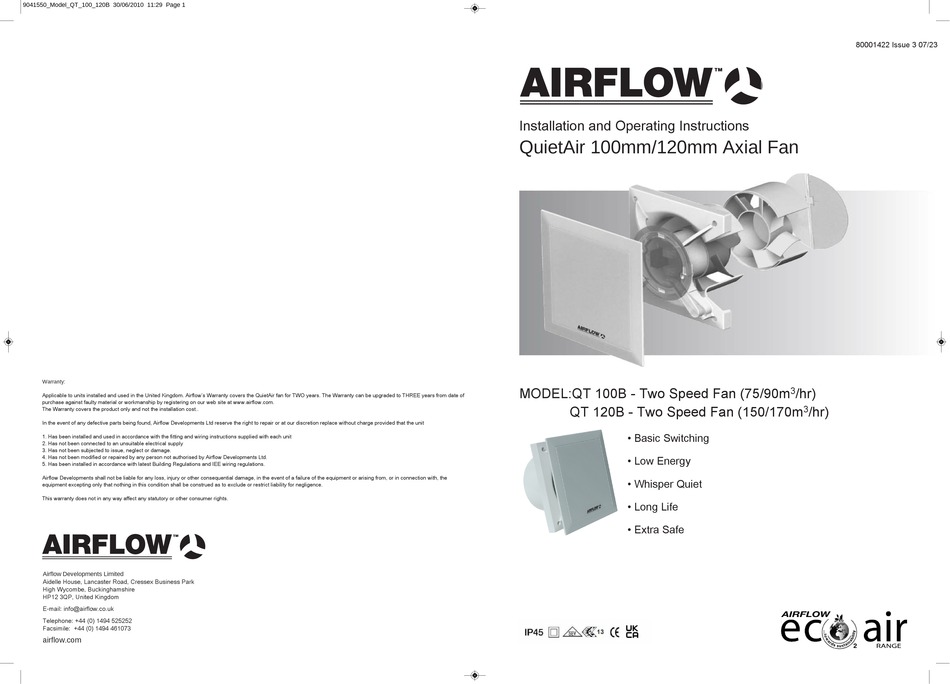 AIRFLOW QT 120B INSTALLATION AND OPERATING INSTRUCTIONS Pdf Download