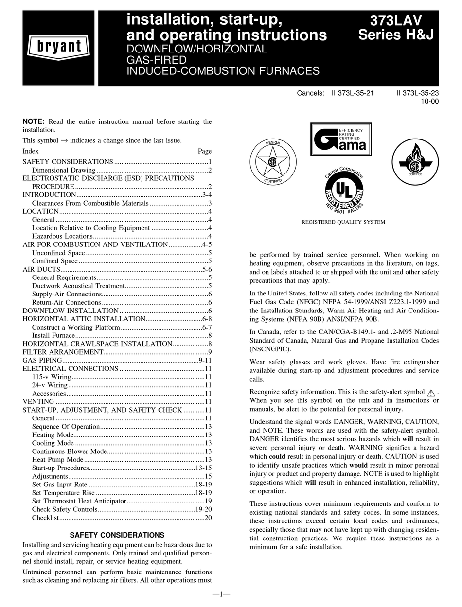 BRYANT 373LAV SERIES INSTALLATION, STARTUP, AND OPERATING INSTRUCTIONS