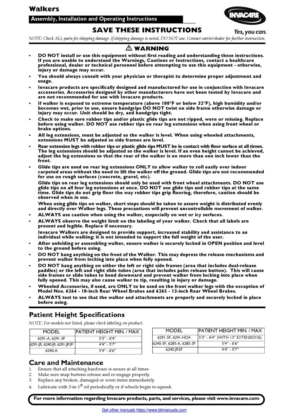 INVACARE 6285A INSTRUCTIONS Pdf Download ManualsLib
