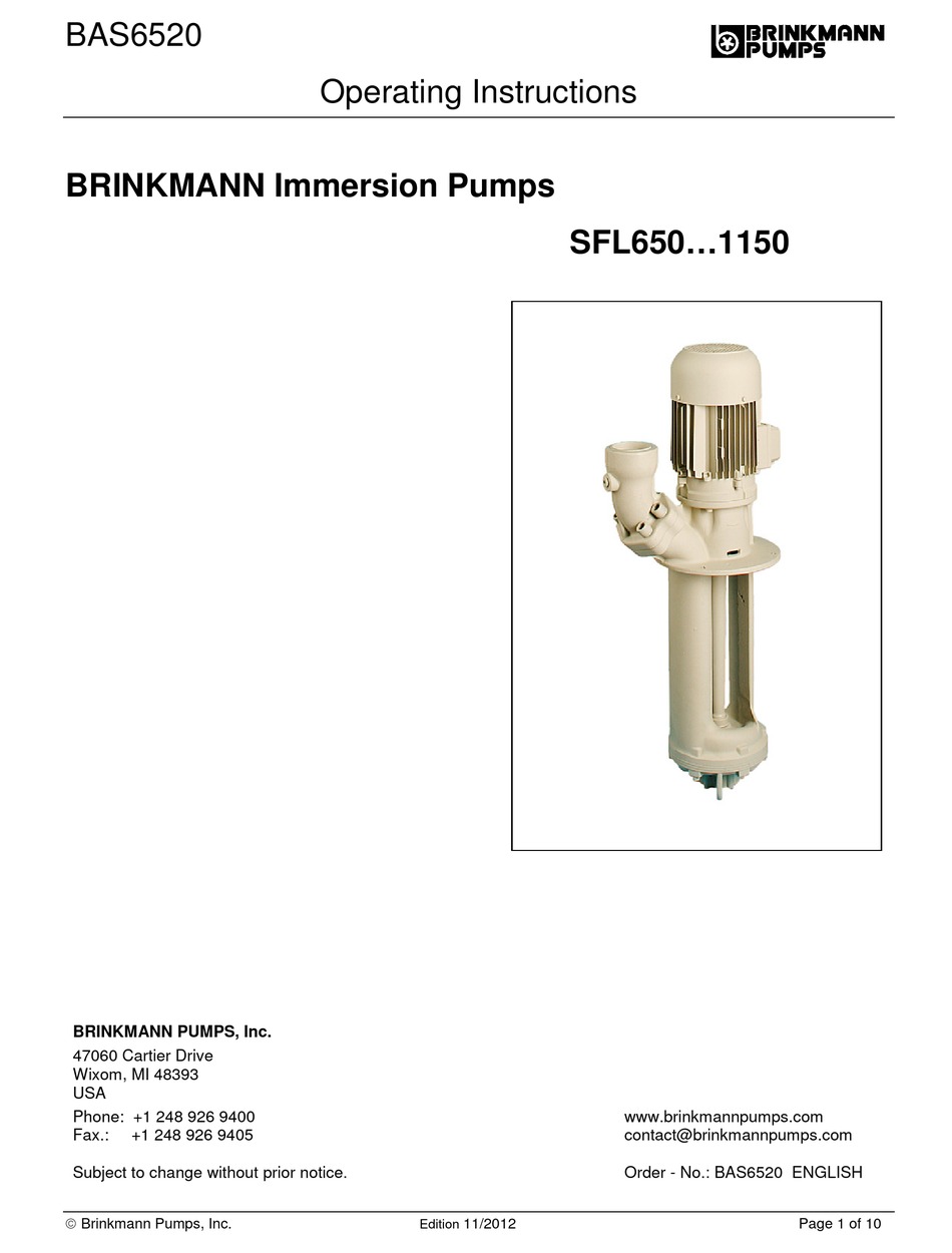 BRINKMANN PUMPS SFL650S OPERATING INSTRUCTIONS MANUAL Pdf Download ...