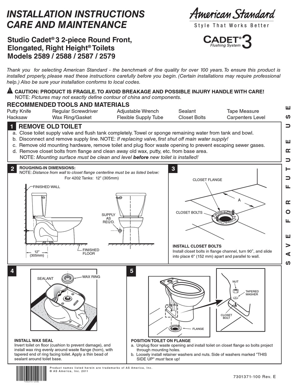 AMERICAN STANDARD CADET 3 2589 INSTALLATION INSTRUCTIONS CARE AND