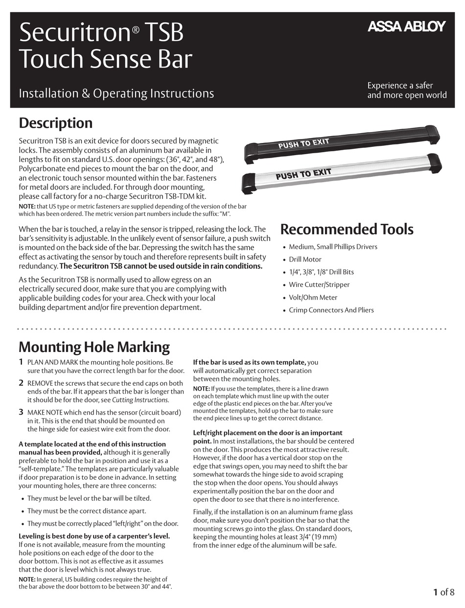 ASSA ABLOY SECURITRON TSB INSTALLATION & OPERATING INSTRUCTIONS MANUAL ...